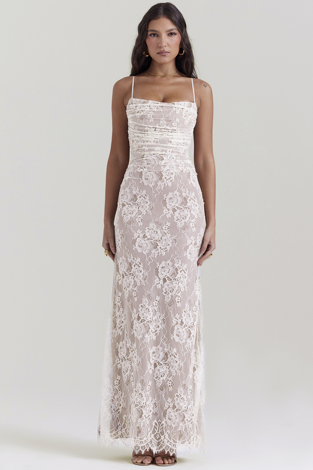 Square Neck Floral Lace Horizontal Ruching Long Sleeve Maxi Gown