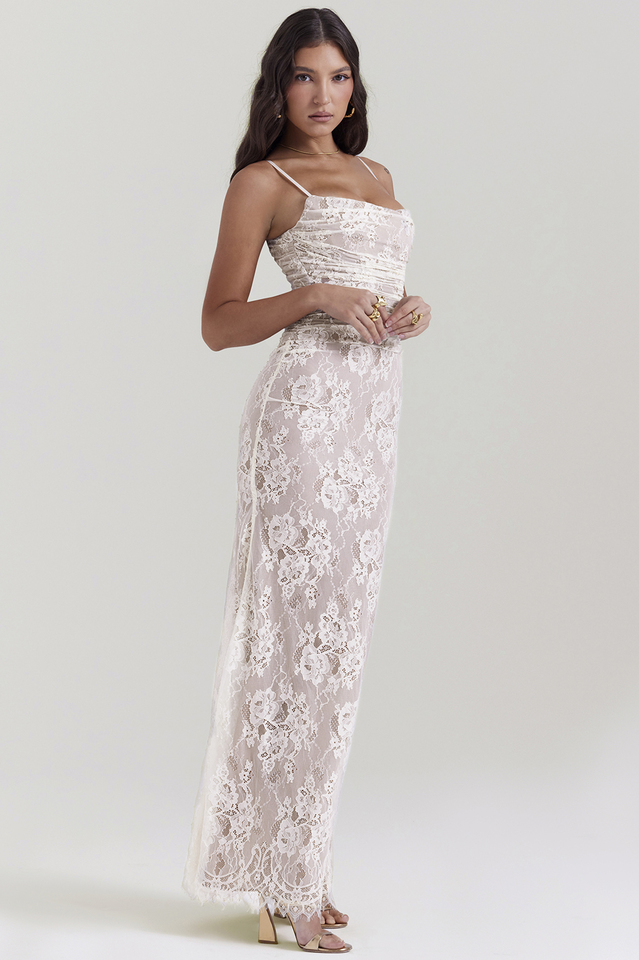 Square Neck Floral Lace Horizontal Ruching Long Sleeve Maxi Gown