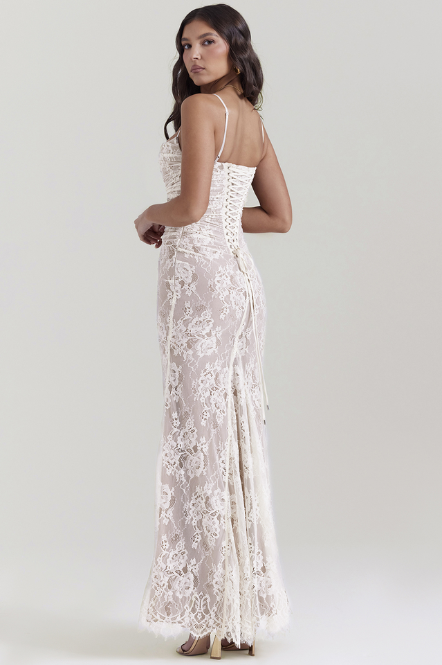 Square Neck Floral Lace Horizontal Ruching Long Sleeve Maxi Gown