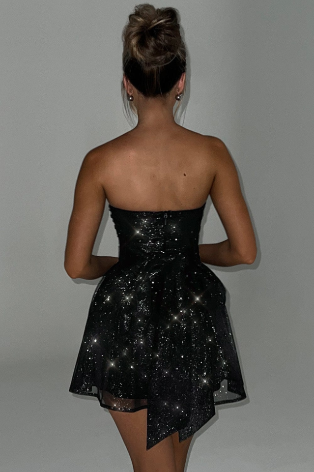 Strapless Ruched Oversized Back Bow Glitter Fit and Flare Mini Dress