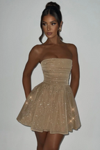 Strapless Ruched Oversized Back Bow Glitter Fit and Flare Mini Dress
