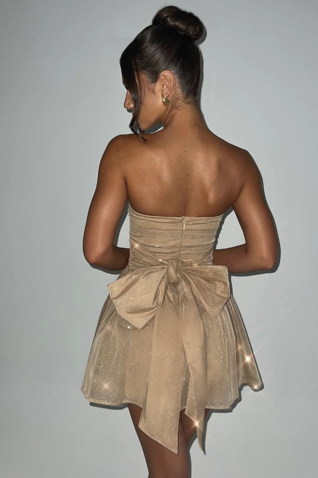 Strapless Ruched Oversized Back Bow Glitter Fit and Flare Mini Dress
