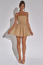 Strapless Ruched Oversized Back Bow Glitter Fit and Flare Mini Dress