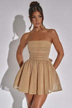 Strapless Ruched Oversized Back Bow Glitter Fit and Flare Mini Dress