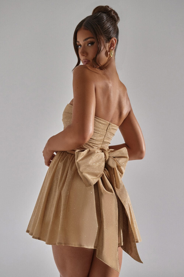 Strapless Ruched Oversized Back Bow Glitter Fit and Flare Mini Dress