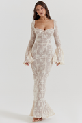 Sweetheart Tie Front Floral Lace Bell Sleeve Mermaid Seam Maxi Dress