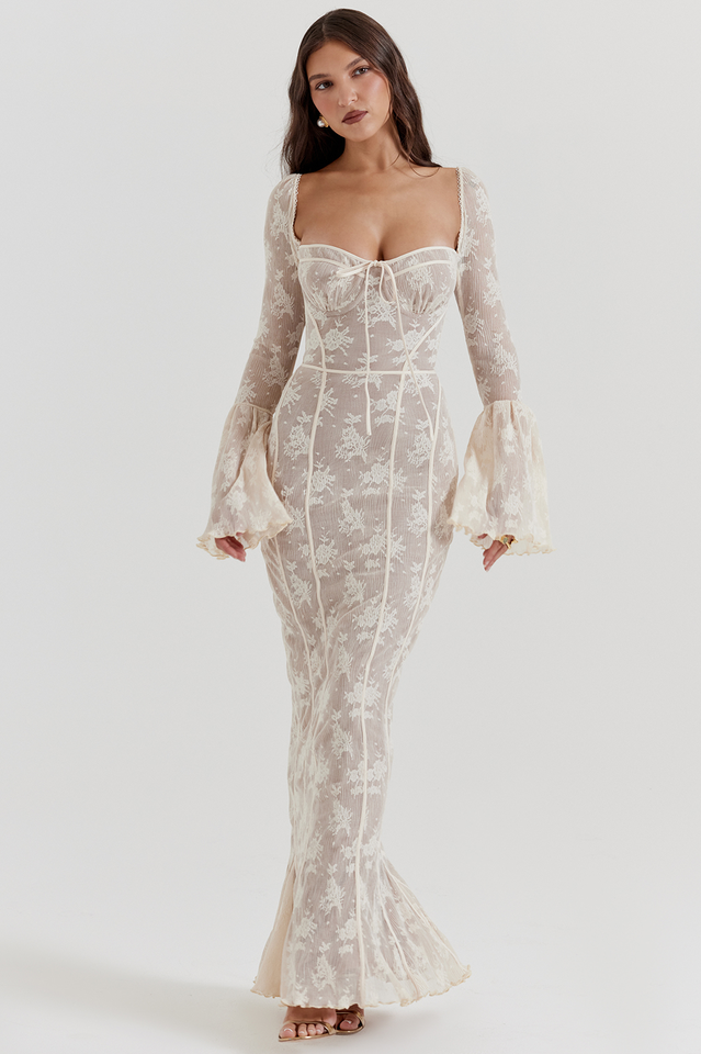 Sweetheart Tie Front Floral Lace Bell Sleeve Mermaid Seam Maxi Dress