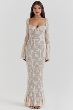 Sweetheart Tie Front Floral Lace Bell Sleeve Mermaid Seam Maxi Dress