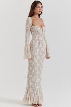 Sweetheart Tie Front Floral Lace Bell Sleeve Mermaid Seam Maxi Dress