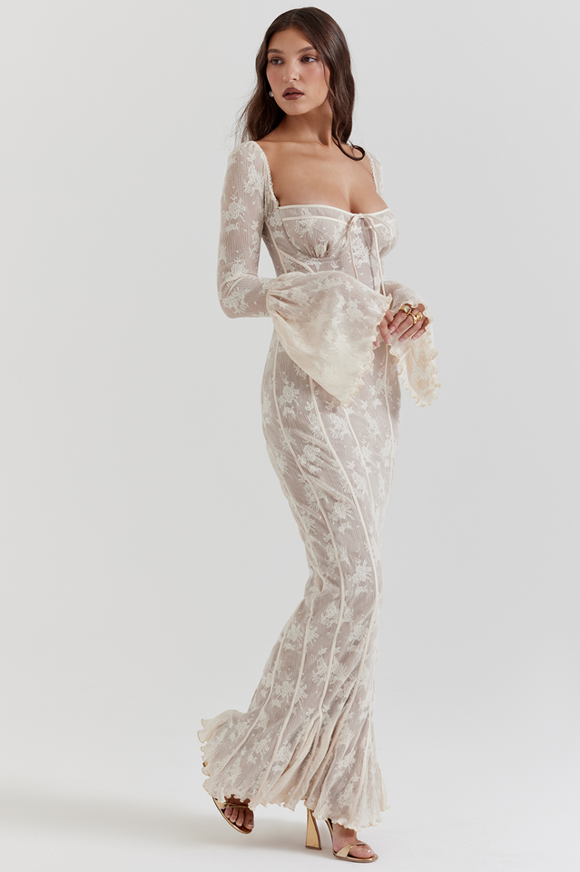 Sweetheart Tie Front Floral Lace Bell Sleeve Mermaid Seam Maxi Dress