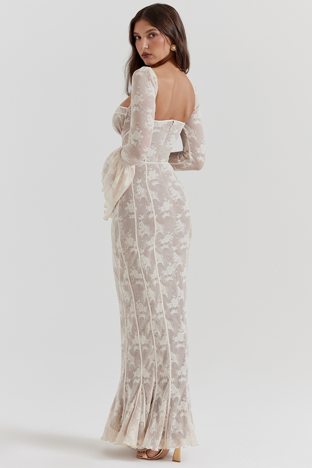 Sweetheart Tie Front Floral Lace Bell Sleeve Mermaid Seam Maxi Dress
