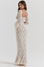 Sweetheart Tie Front Floral Lace Bell Sleeve Mermaid Seam Maxi Dress