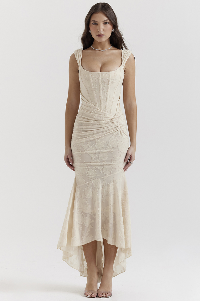 Off Shoulder Corset Jacquard Ruched High Low Maxi Dress