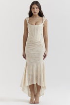 Off Shoulder Corset Jacquard Ruched High Low Maxi Dress