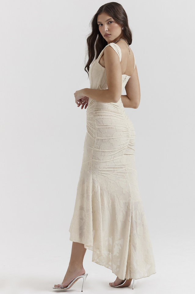 Off Shoulder Corset Jacquard Ruched High Low Maxi Dress