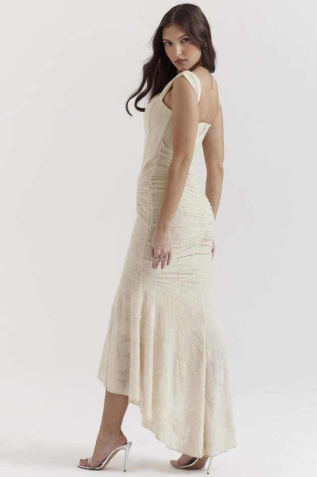 Off Shoulder Corset Jacquard Ruched High Low Maxi Dress