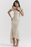 Off Shoulder Corset Jacquard Ruched High Low Maxi Dress