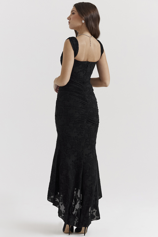 Off Shoulder Corset Jacquard Ruched High Low Maxi Dress