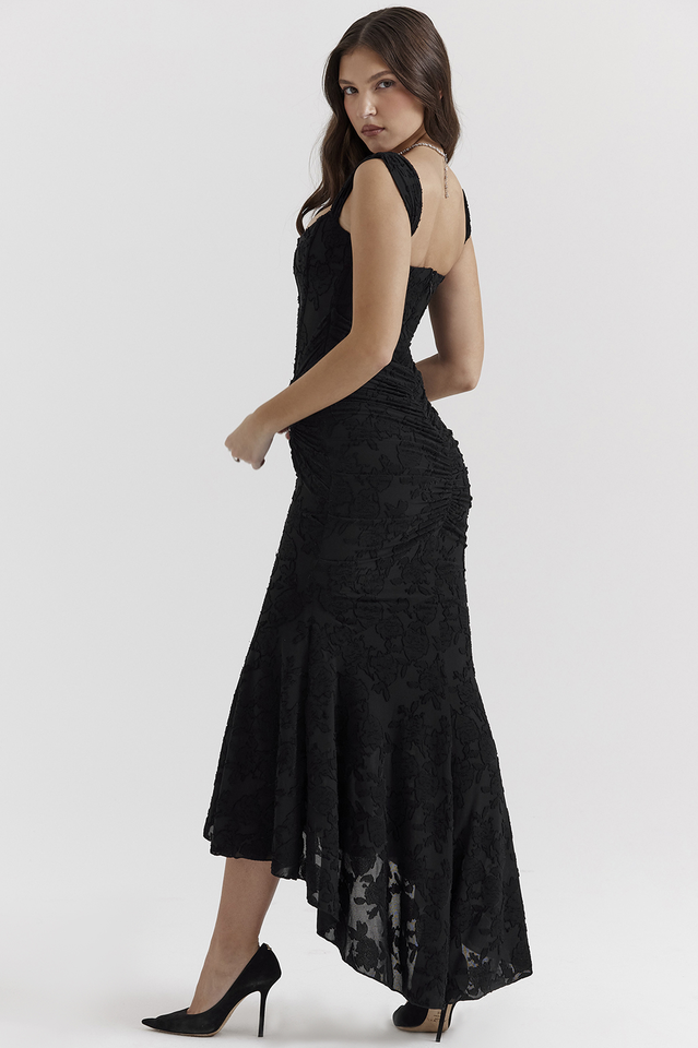 Off Shoulder Corset Jacquard Ruched High Low Maxi Dress