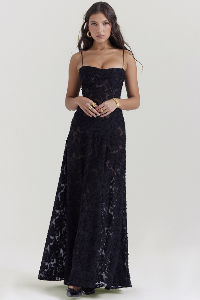 Floral Applique Corset Bodice Spaghetti Strap A-Line Maxi Gown