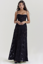 Floral Applique Corset Bodice Spaghetti Strap A-Line Maxi Gown