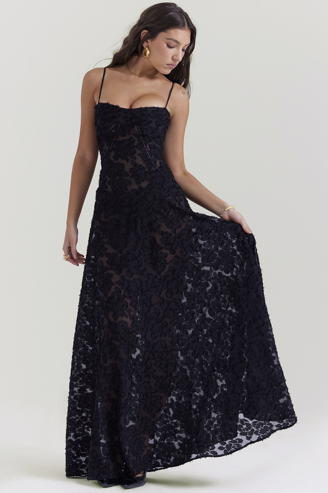 Floral Applique Corset Bodice Spaghetti Strap A-Line Maxi Gown