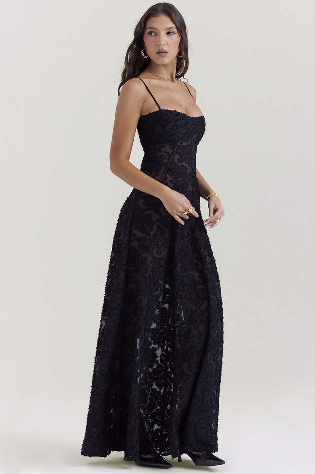 Floral Applique Corset Bodice Spaghetti Strap A-Line Maxi Gown
