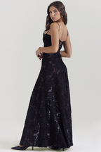 Floral Applique Corset Bodice Spaghetti Strap A-Line Maxi Gown