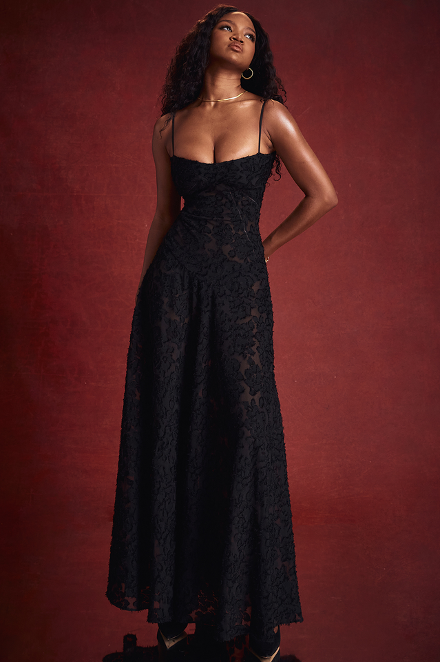 Floral Applique Corset Bodice Spaghetti Strap A-Line Maxi Gown