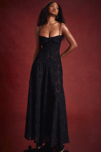 Floral Applique Corset Bodice Spaghetti Strap A-Line Maxi Gown