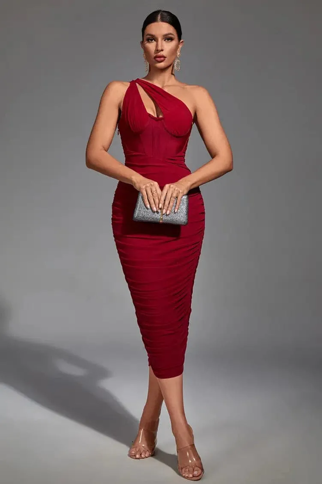 One Shoulder Cut Out Corset Bodice Ruched Gathered Mesh Midi Dress
