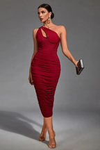 One Shoulder Cut Out Corset Bodice Ruched Gathered Mesh Midi Dress