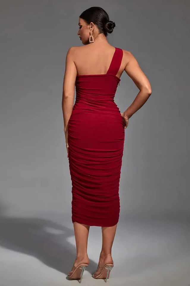 One Shoulder Cut Out Corset Bodice Ruched Gathered Mesh Midi Dress