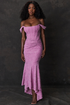 Off Shoulder Floral Jacquard Corset Ruched Mermaid Maxi Dress