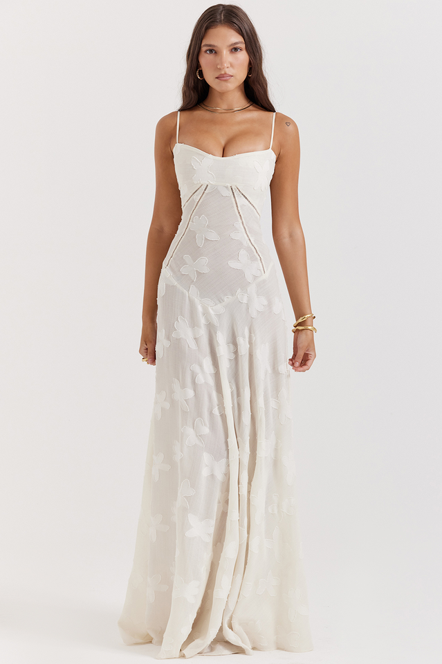 Floral Applique Corset Bodice Spaghetti Strap A-Line Maxi Gown