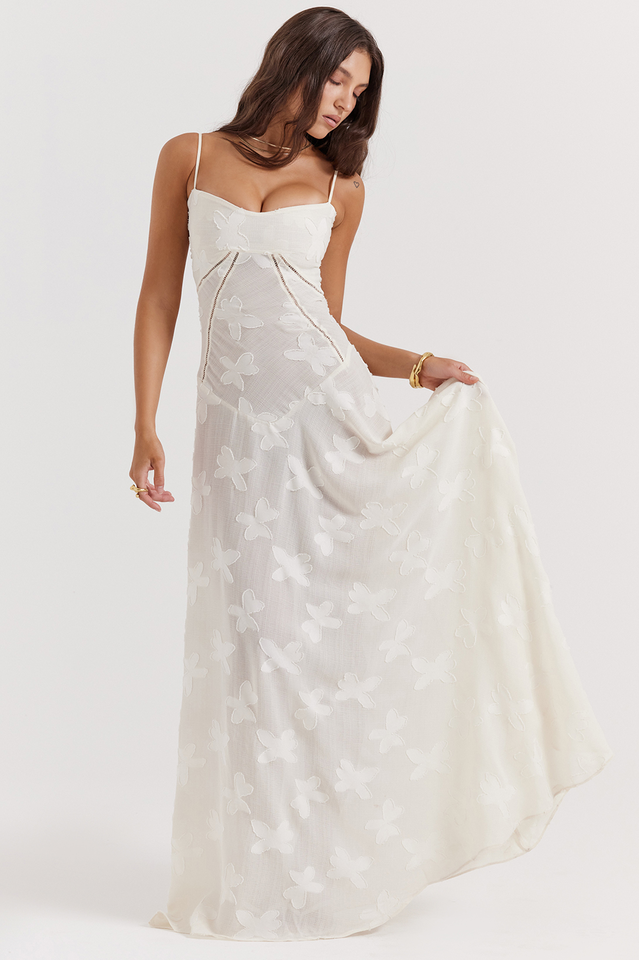 Floral Applique Corset Bodice Spaghetti Strap A-Line Maxi Gown