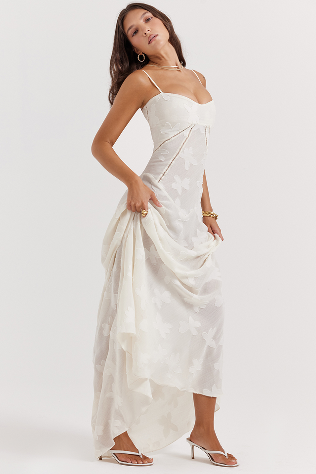 Floral Applique Corset Bodice Spaghetti Strap A-Line Maxi Gown