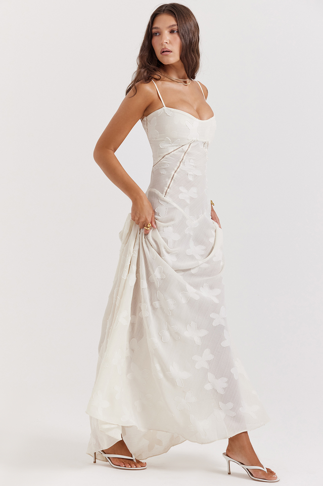 Floral Applique Corset Bodice Spaghetti Strap A-Line Maxi Gown