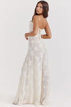 Floral Applique Corset Bodice Spaghetti Strap A-Line Maxi Gown