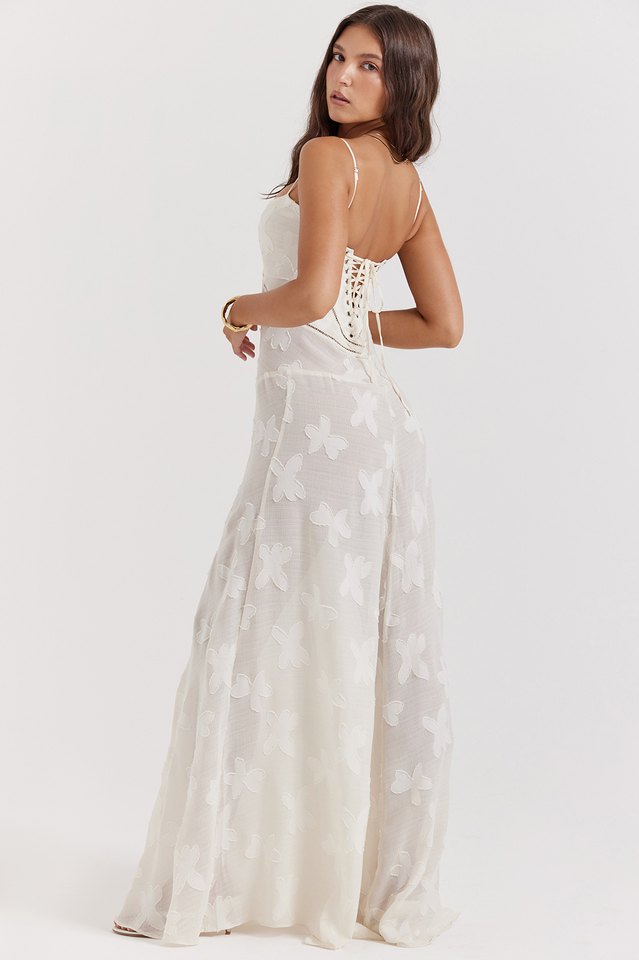 Floral Applique Corset Bodice Spaghetti Strap A-Line Maxi Gown