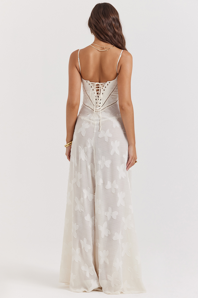 Floral Applique Corset Bodice Spaghetti Strap A-Line Maxi Gown