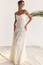 Floral Applique Corset Bodice Spaghetti Strap A-Line Maxi Gown