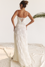 Floral Applique Corset Bodice Spaghetti Strap A-Line Maxi Gown