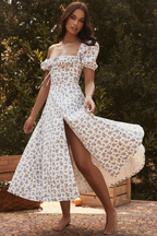 Ditsy Floral Print Puff Sleeve Square Neck Ruched Bust Side Split Midi Dress