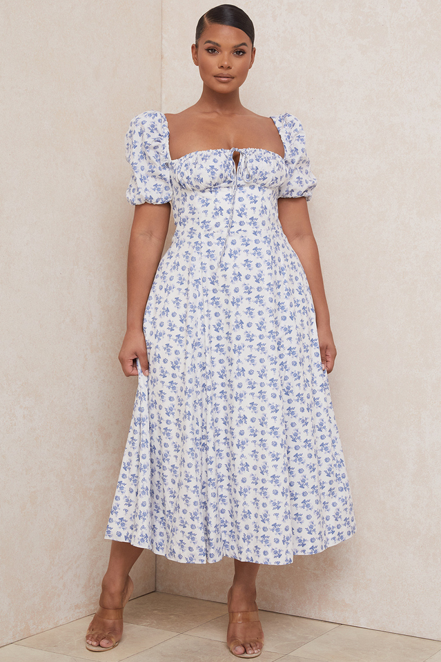 Ditsy Floral Print Puff Sleeve Square Neck Ruched Bust Side Split Midi Dress