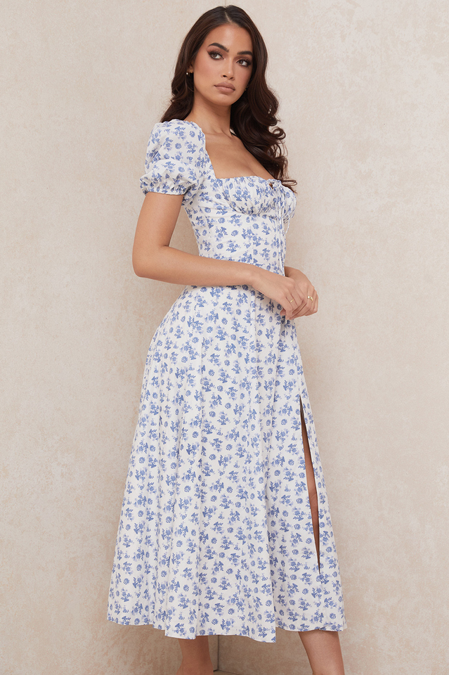 Ditsy Floral Print Puff Sleeve Square Neck Ruched Bust Side Split Midi Dress