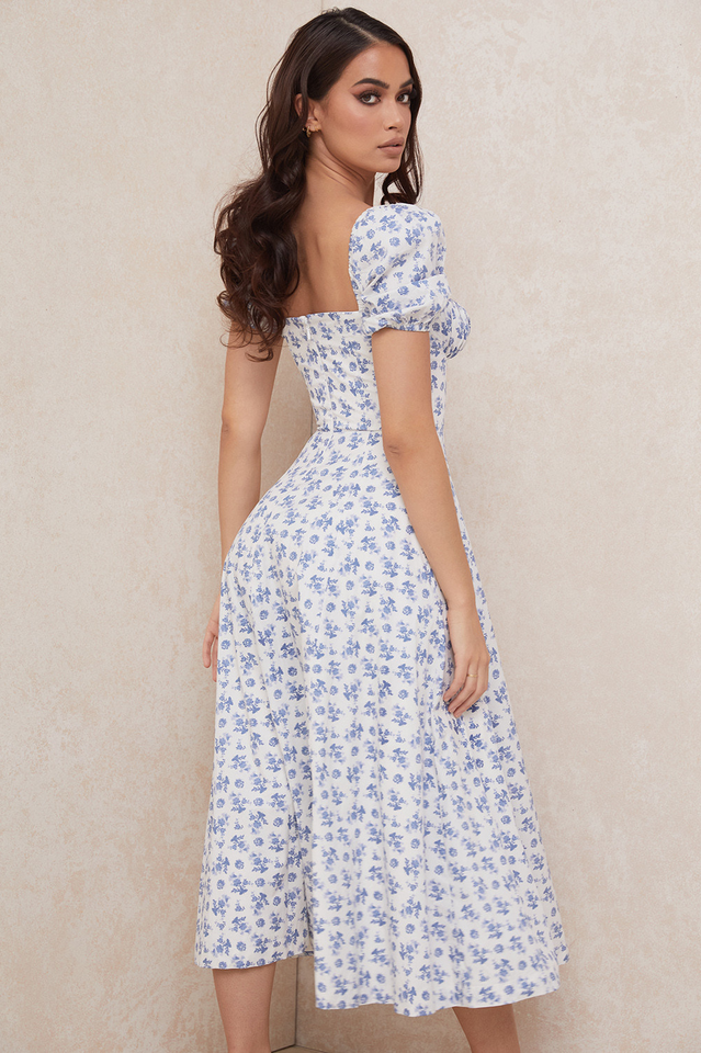 Ditsy Floral Print Puff Sleeve Square Neck Ruched Bust Side Split Midi Dress