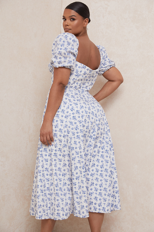 Ditsy Floral Print Puff Sleeve Square Neck Ruched Bust Side Split Midi Dress
