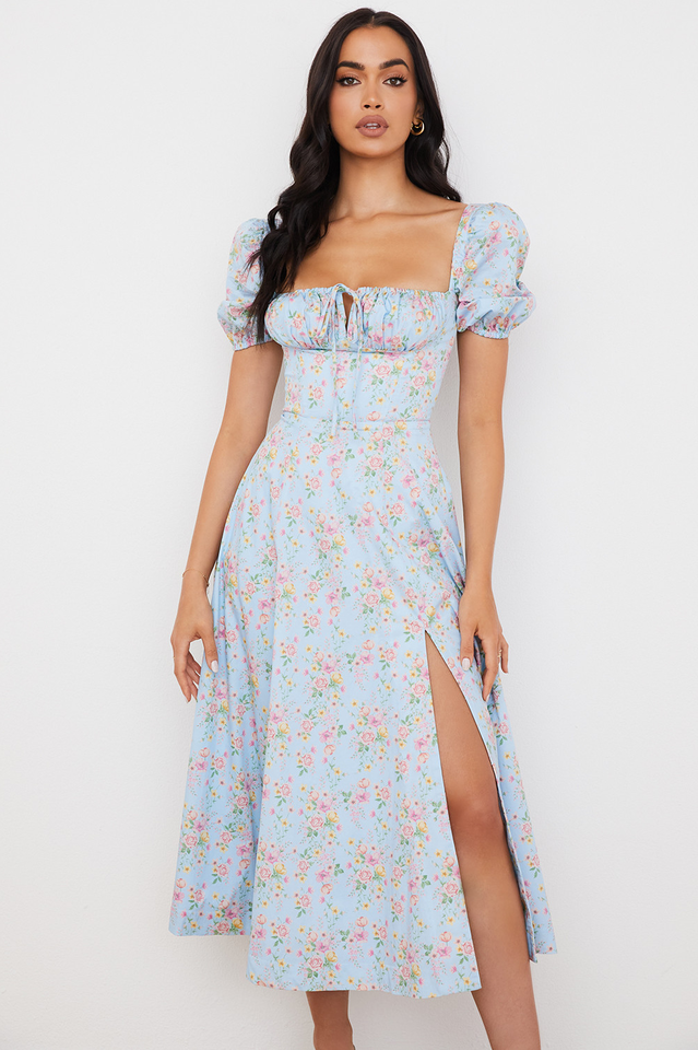 Ditsy Floral Print Puff Sleeve Square Neck Ruched Bust Side Split Midi Dress