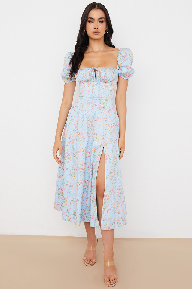 Ditsy Floral Print Puff Sleeve Square Neck Ruched Bust Side Split Midi Dress